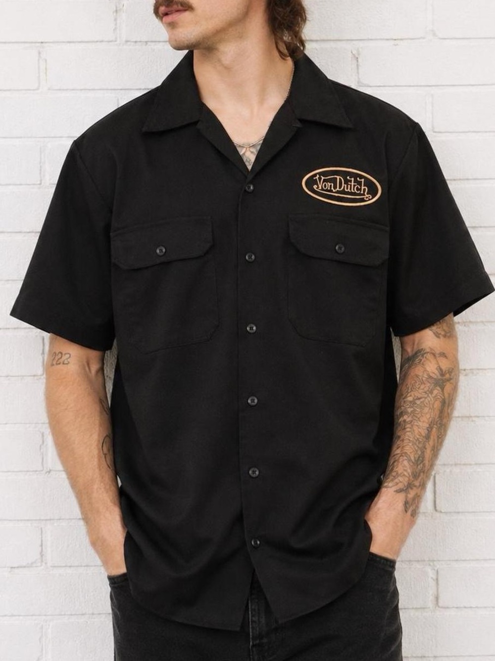 Von Dutch Vintage Mechanic Work Shirt Black Large Kustommade USA - Picture 2 of 9
